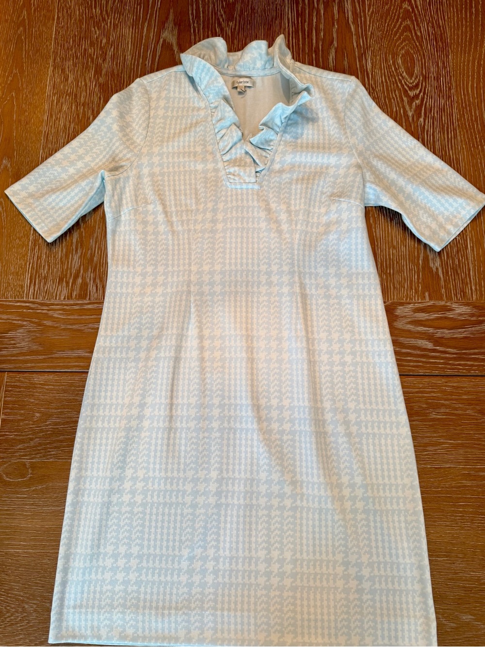 EUC Tyler Boe Blue Houndstooth Ruffle Neck Mini Dress, Medium